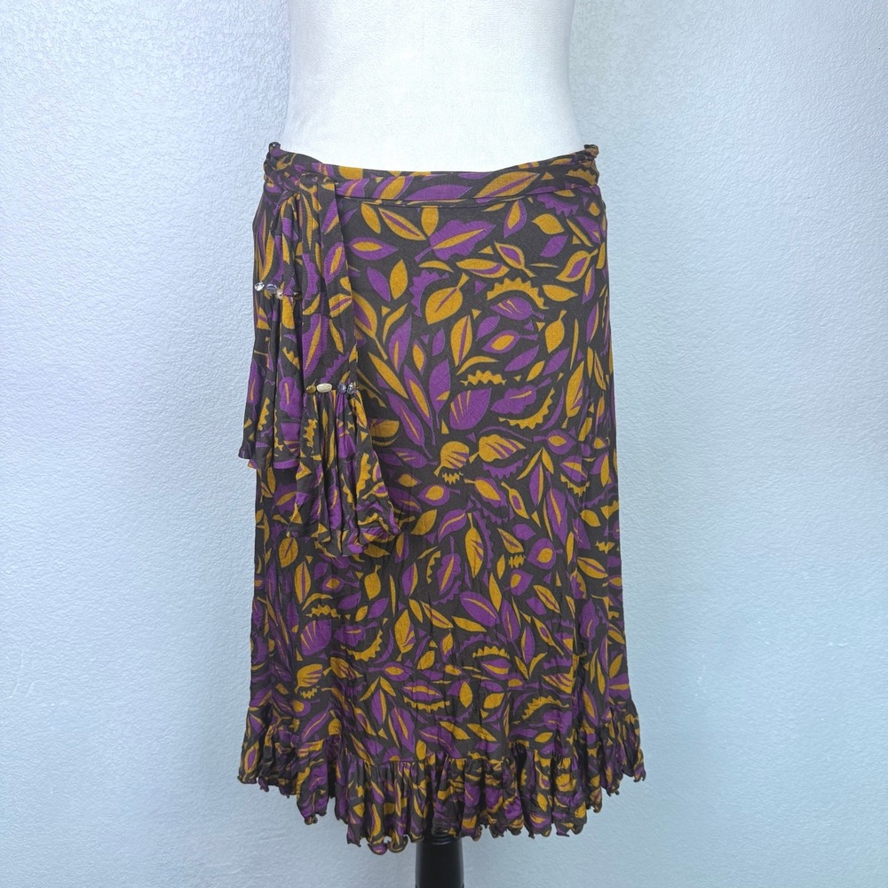 MaxMara Ruffle Skirt Purple Yellow‎ Floral Print Midi Tie Waist Gem Stones Sz 38